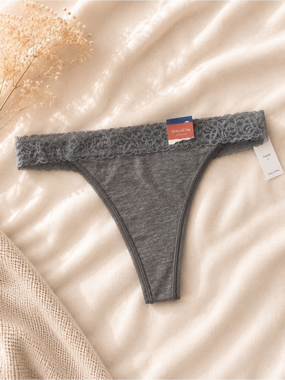 Lace-Waist Grey Thong